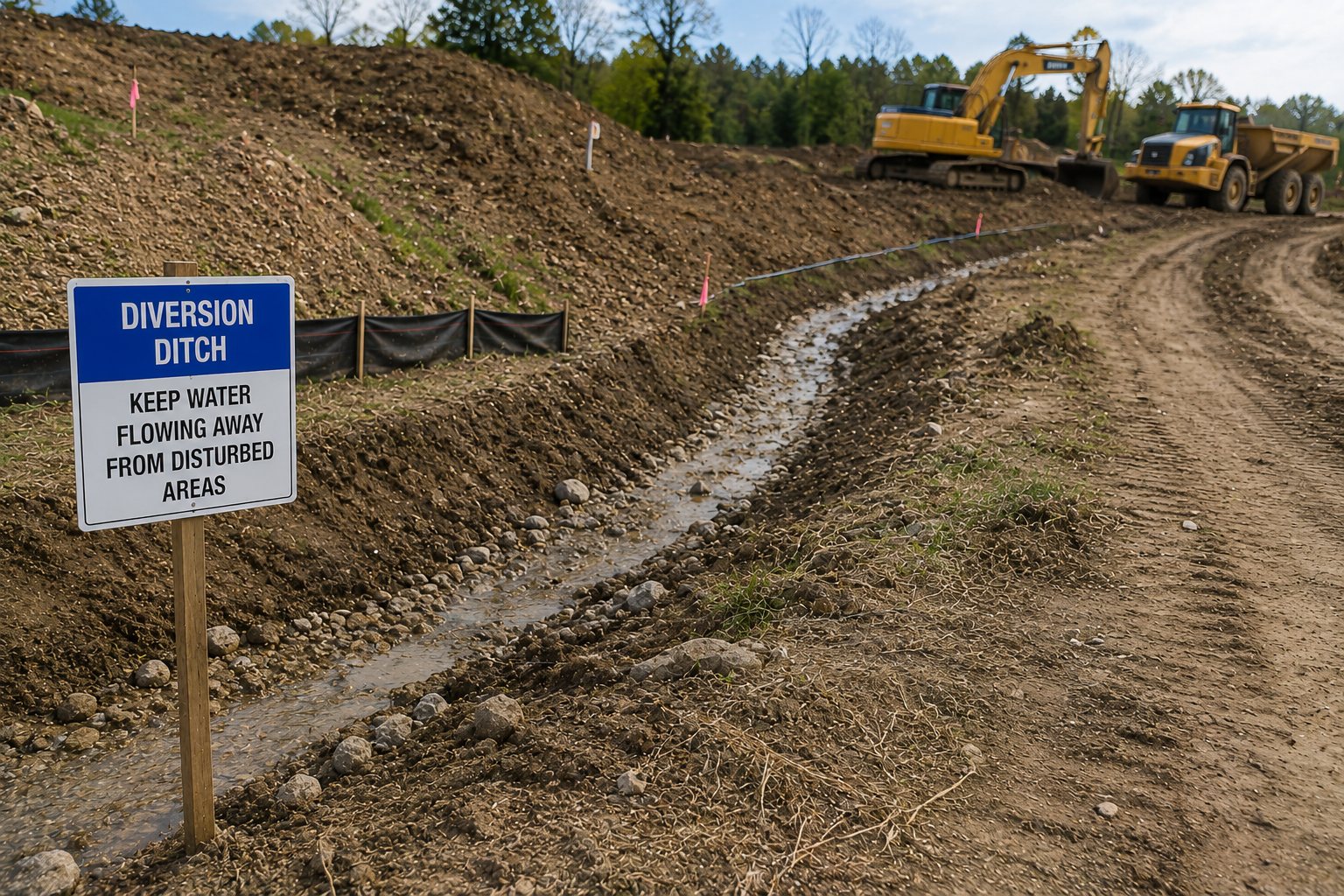 Diversion ditch routing upstream water around a disturbed construction area