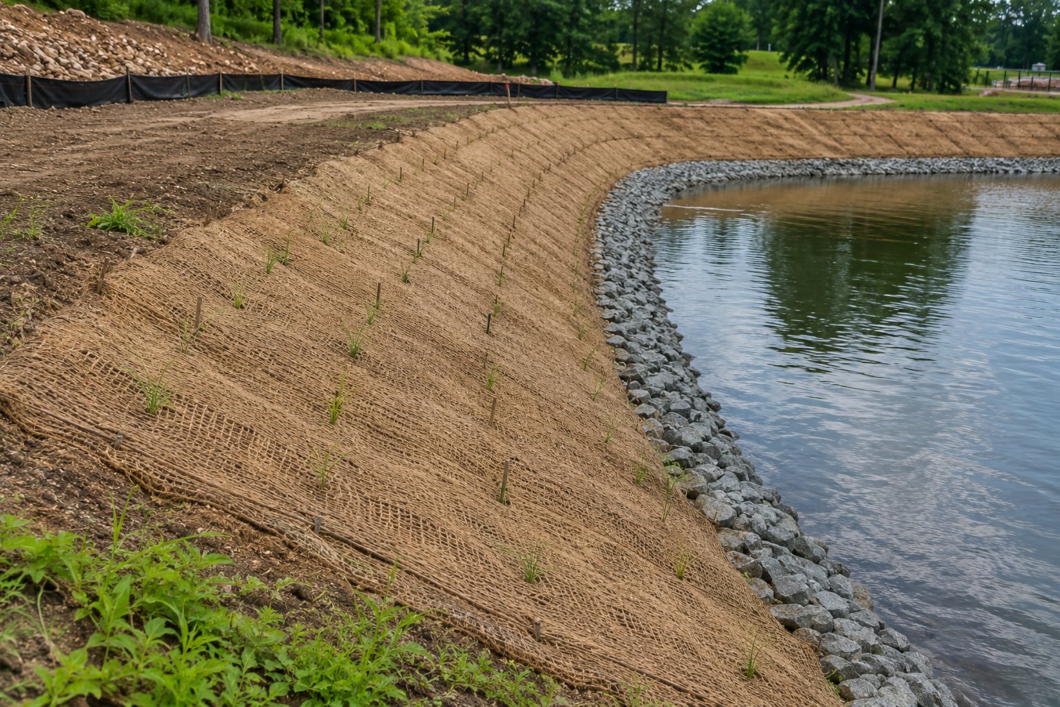 Erosion control blanket installed along a pond bank with seed underneath