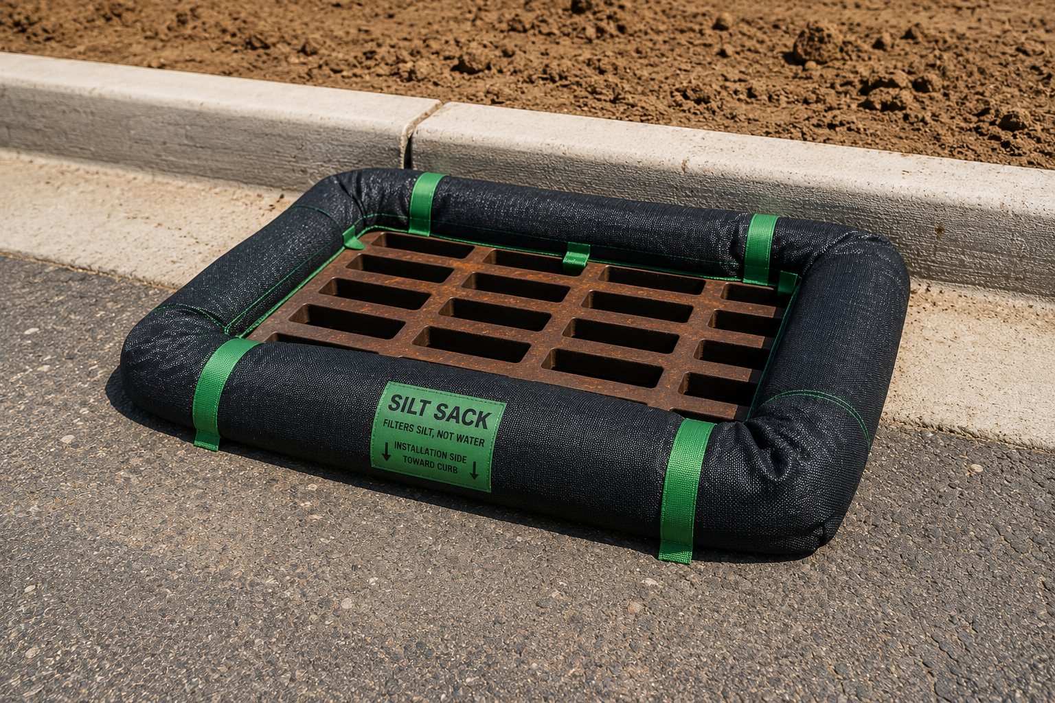 Inlet protection installed around a storm drain on an active construction site