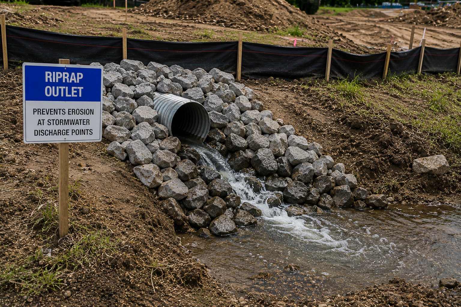 Riprap outlet apron installed at a culvert discharge point
