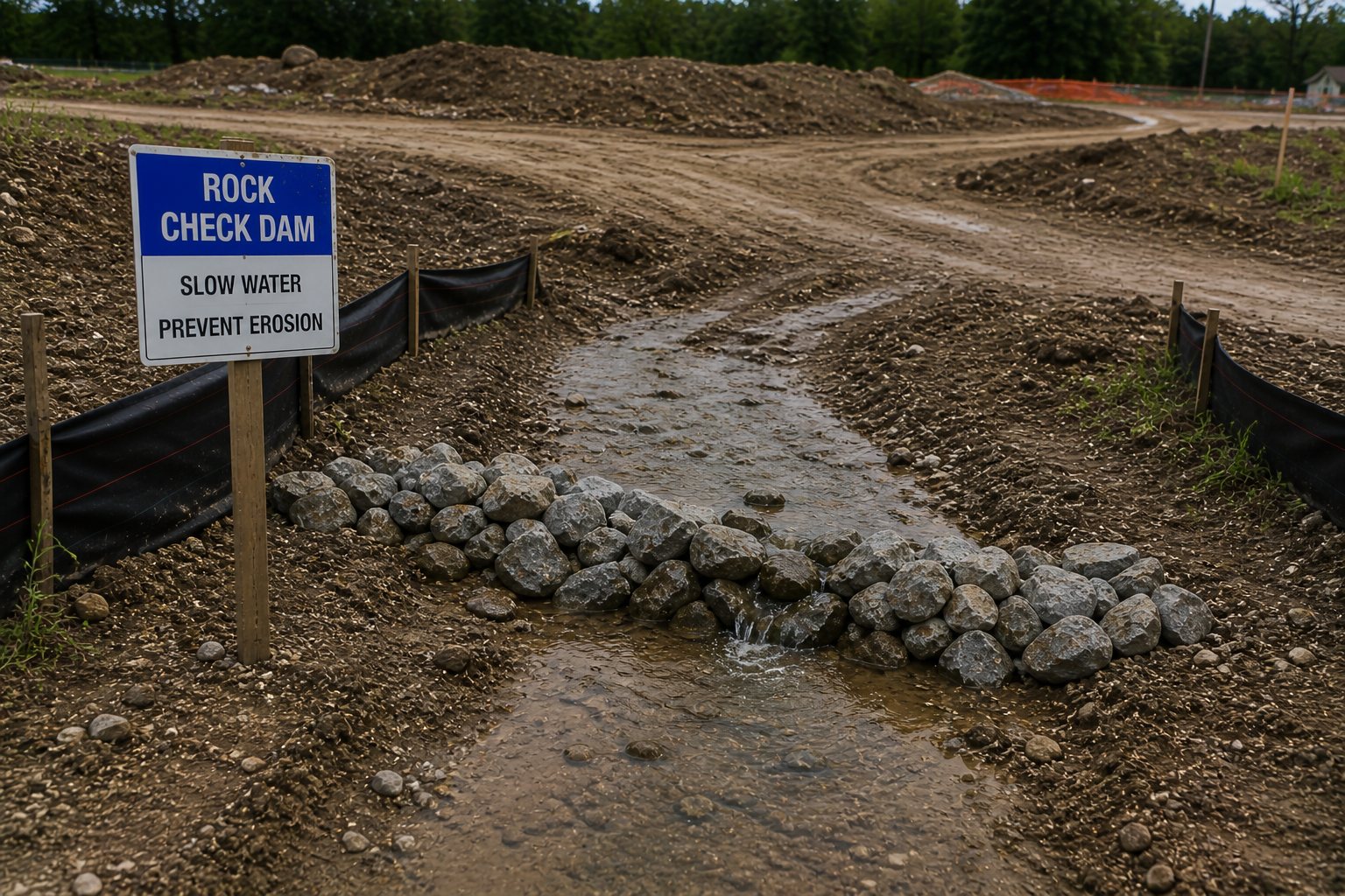 Rock check dam installed across a drainage ditch