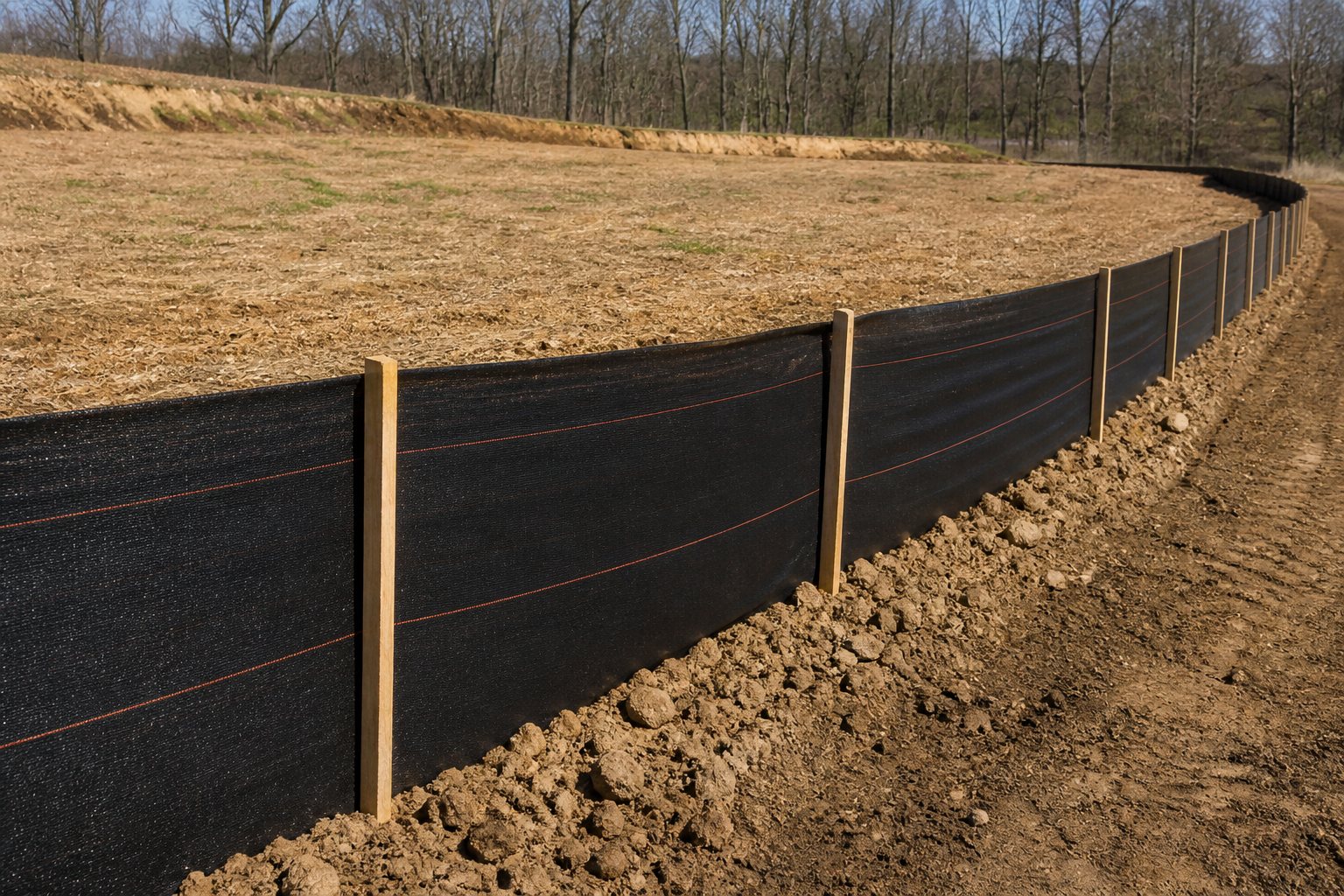 Silt fence trenched and backfilled along site perimeter