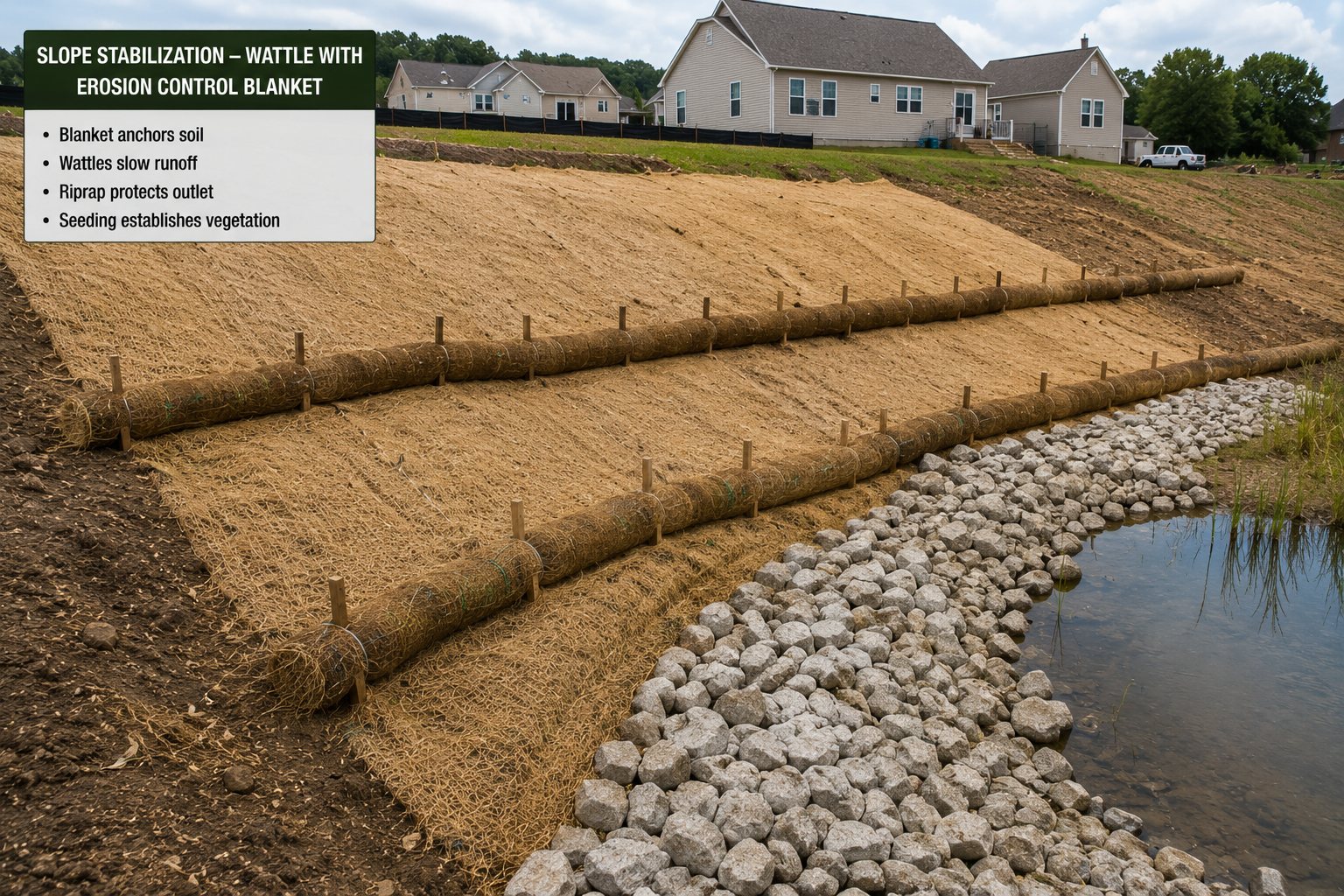 Slope stabilization using straw and erosion control blanket on a disturbed slope