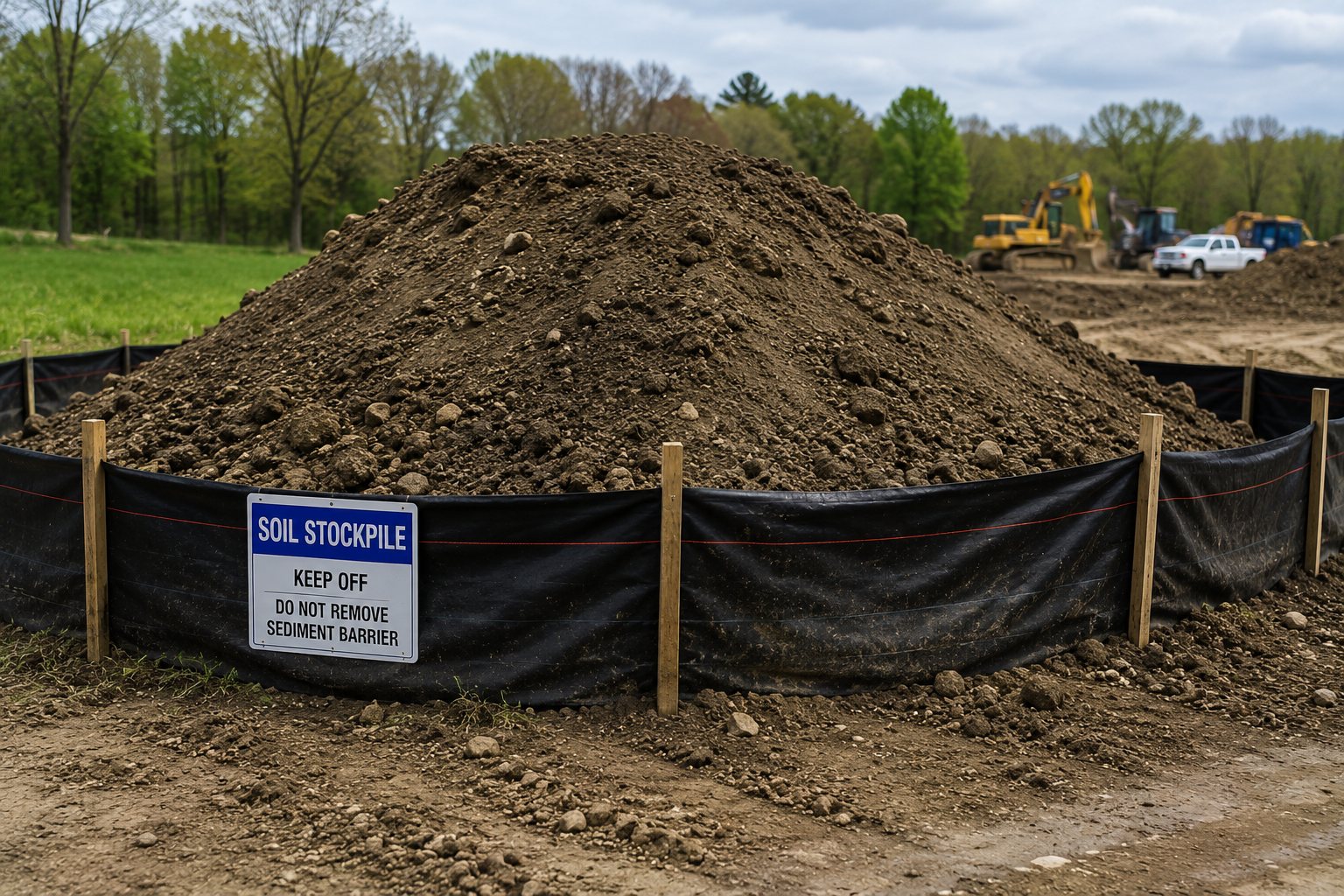 Stabilized soil stockpile with perimeter controls on an active site