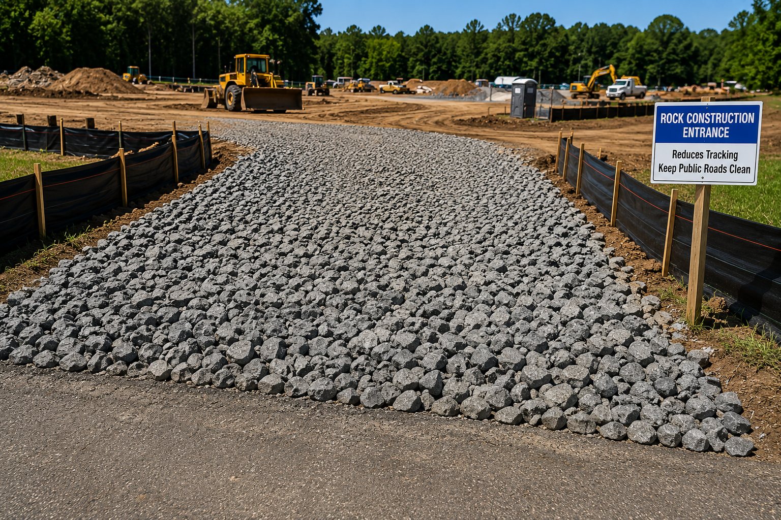 Stabilized construction entrance using rock to keep mud off public roads