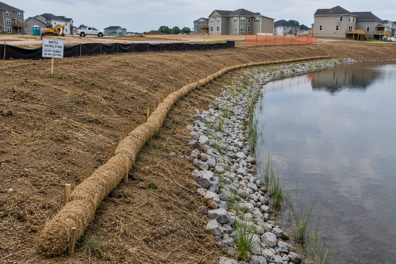 Straw wattle installed along a pond bank at a housing development