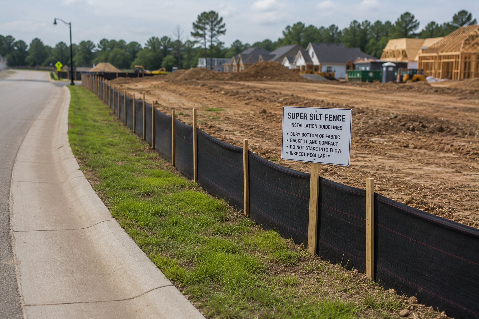 Super silt fence with chain-link backing along an active site perimeter