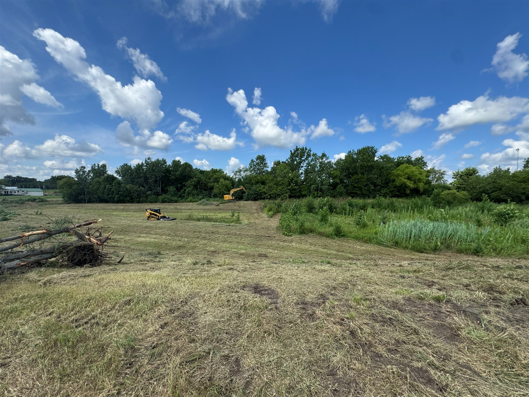 Excavator and skid steer clearing vegetation from an environmental control pond